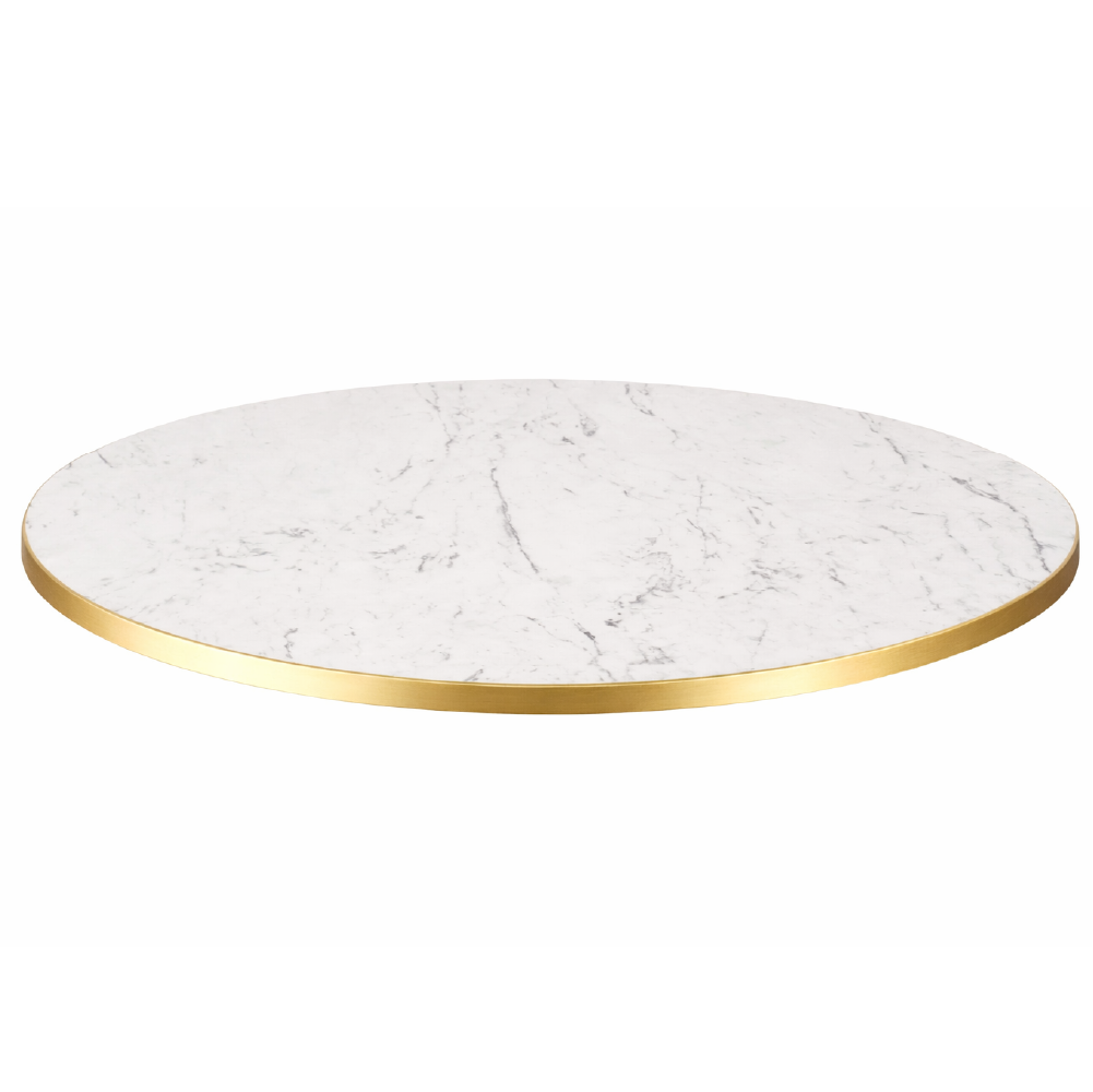 80cm Round Table Top – Egger White Carrara Marble – Gold Edge